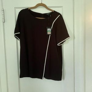 DKNY Womens Overlapping Front Blouse in black with white trim